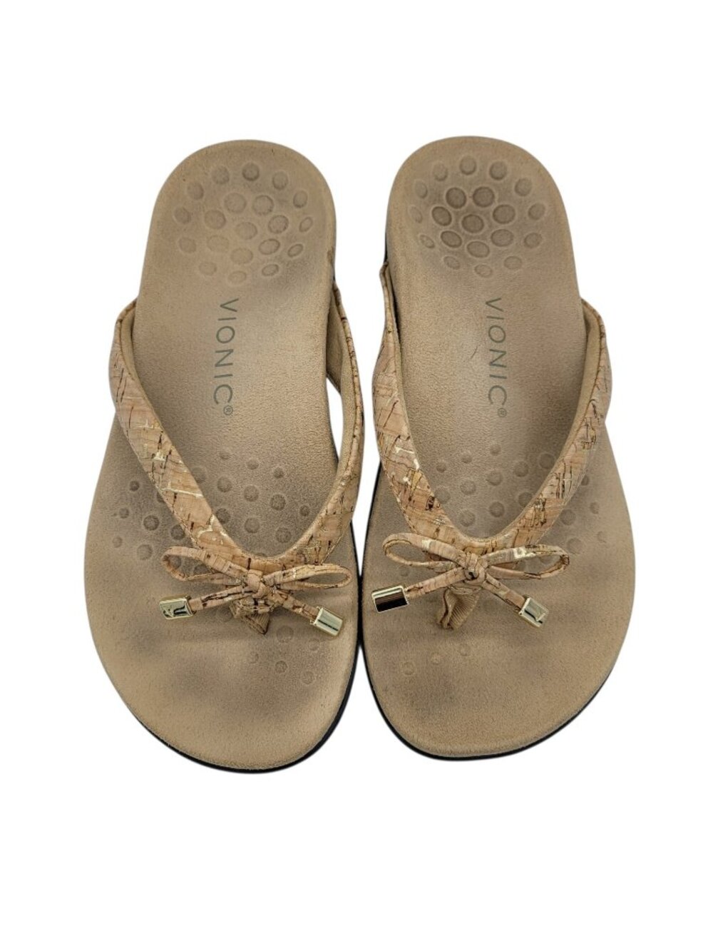Vionic Bella Sandals Flip Flops Tan Neutral Bow Orthopedic Summer Vacation 7W